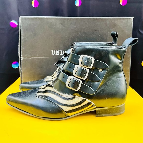 Underground Blitz Winklepicker Boot Black Grain Leather & Zebra Print - Picture 2 of 3